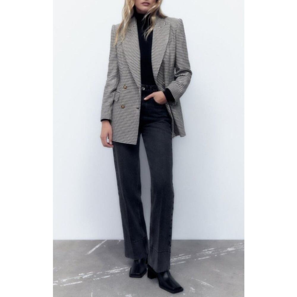 Zara Houndstooth Double Breasted Blazer Jacket Collared Gold Button Tweed XS - Picture 11 of 11